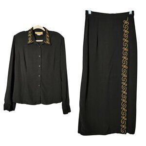 VTG New Frontier Womens Black Western Mariachi Embroidered Top Maxi Skirt Set L